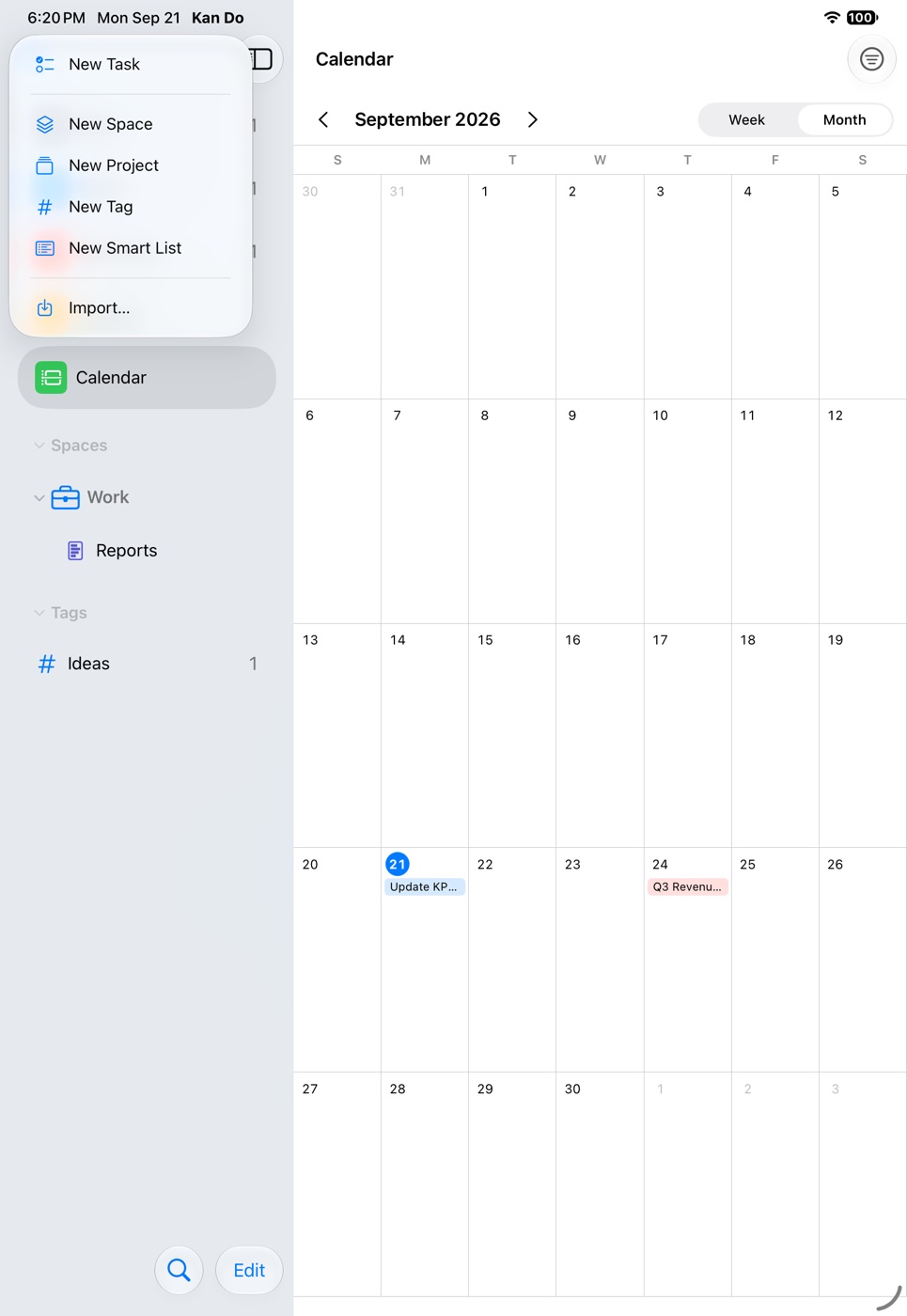 The sidebar's + menu with New Task, New Space, New Project, New Tag, New Smart List, and Import