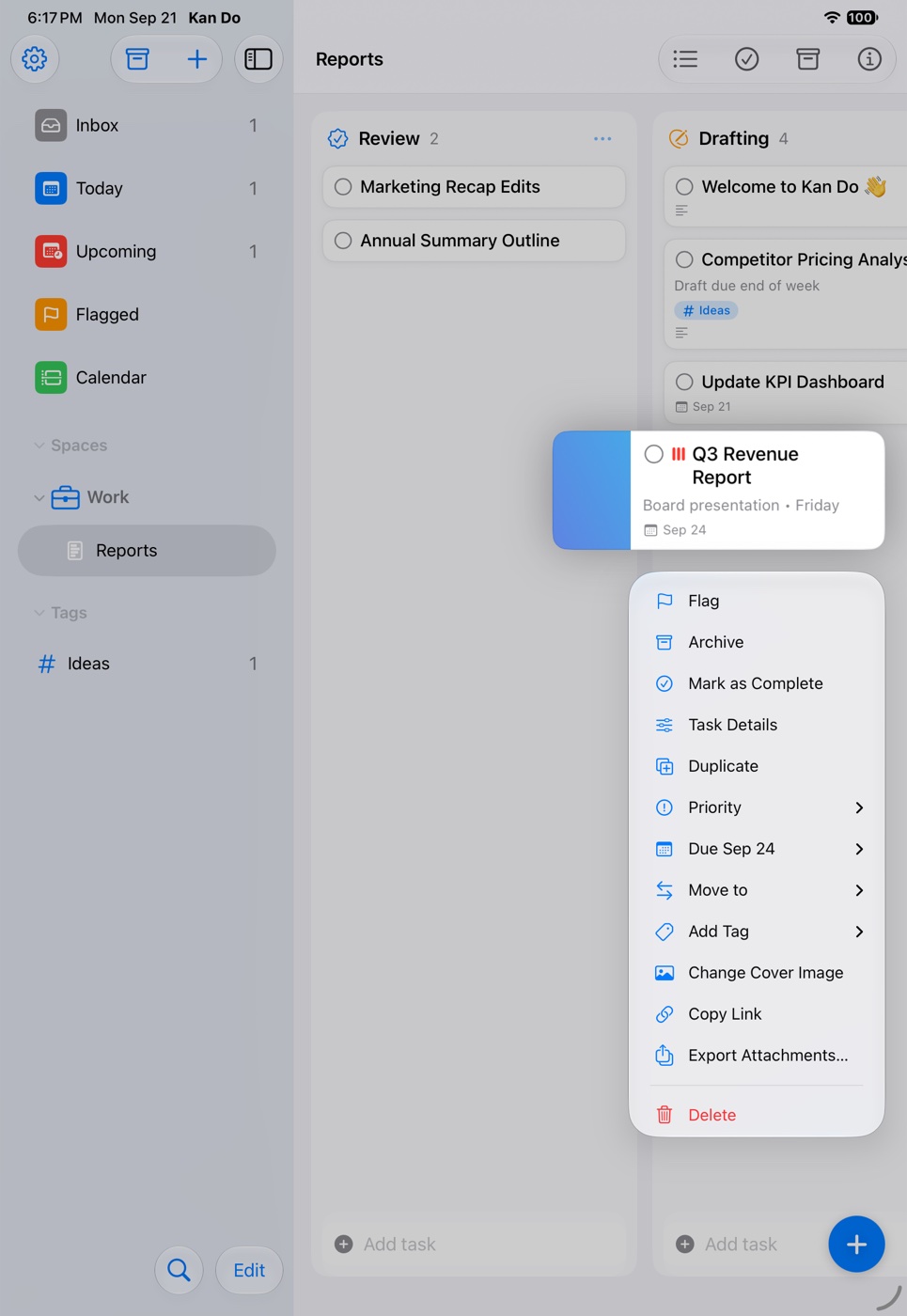 A card's context menu on iPad with Flag, Archive, Mark as Complete, Task Details, Duplicate, Priority, Due date, Move to, Add Tag, Change Cover Image, Copy Link, Export Attachments, and Delete
