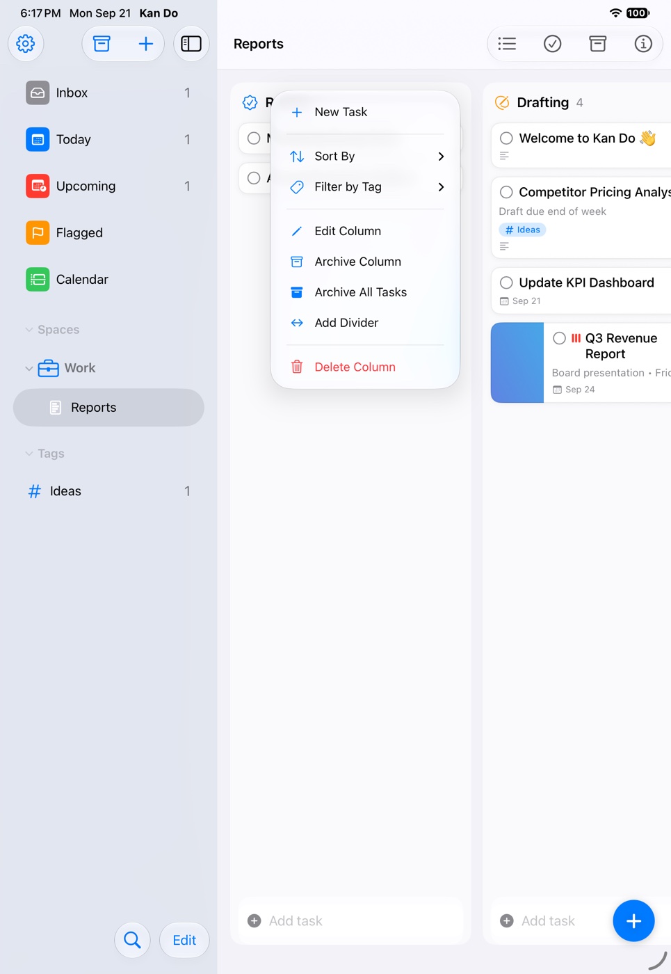 A column's menu: New Task, Sort By, Filter by Tag, Edit Column, Archive Column, Archive All Tasks, Add Divider, Delete Column