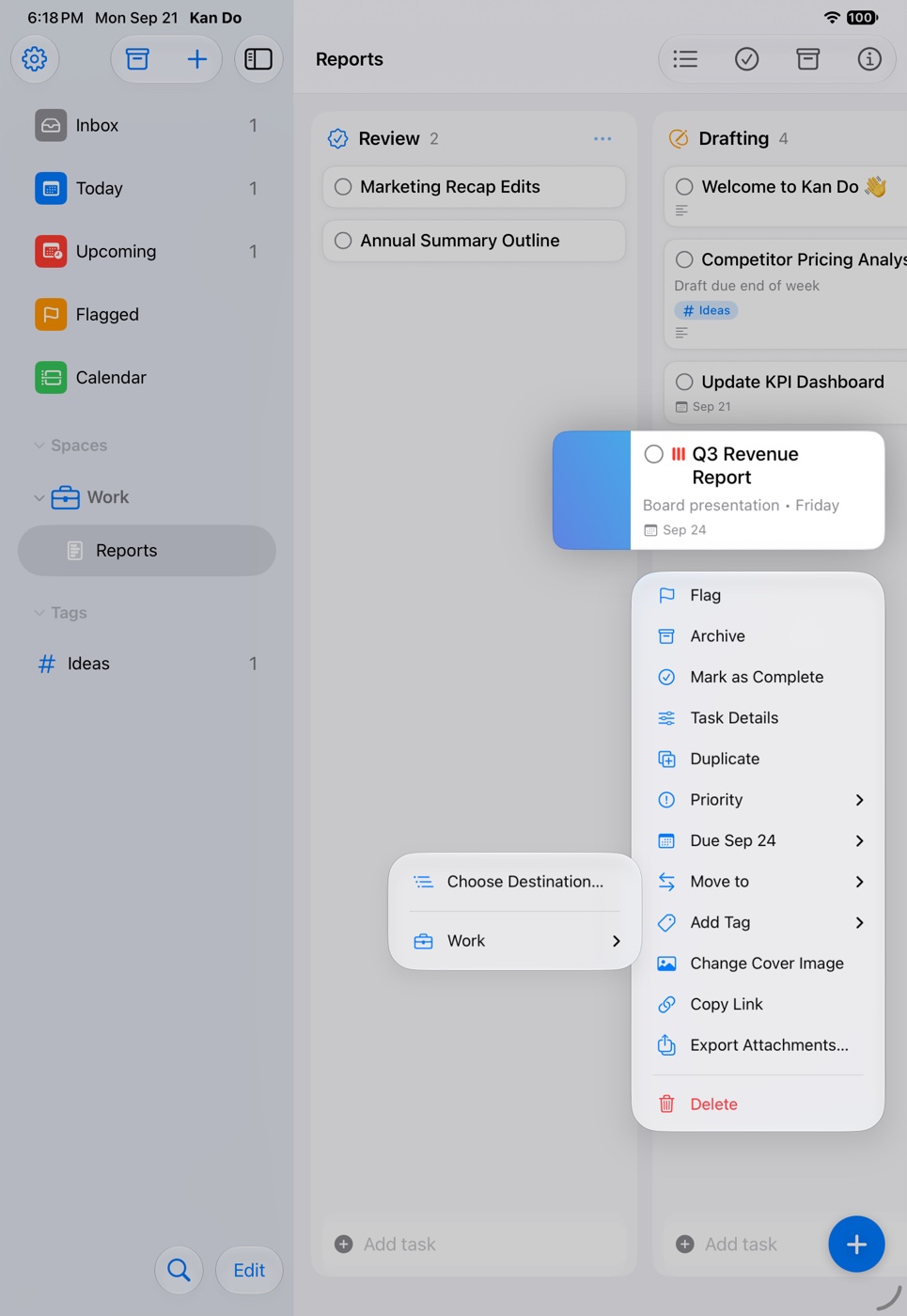 The Move to submenu with Choose Destination… and the Work space