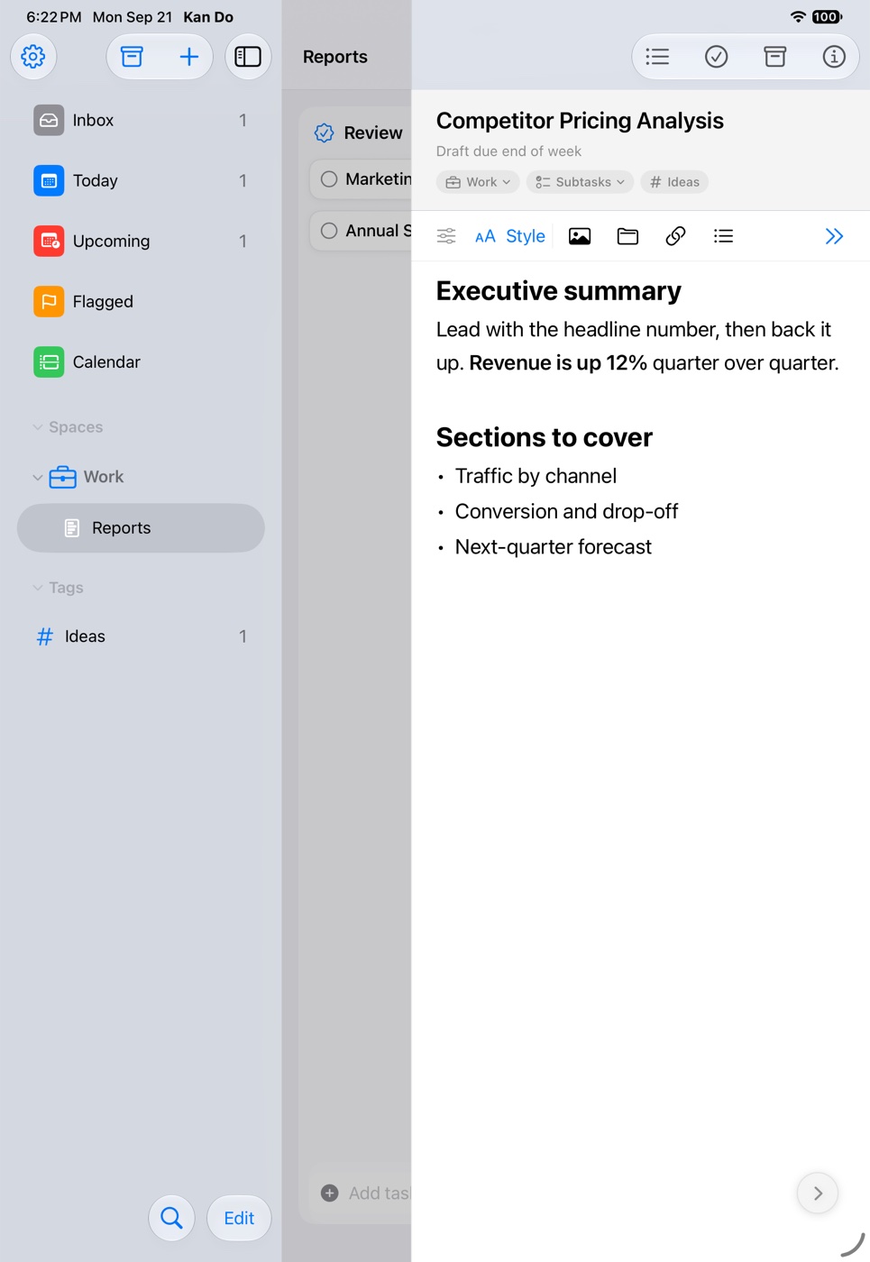 A note with a heading, bold text, a second heading, and a bulleted list, with the formatting bar above it