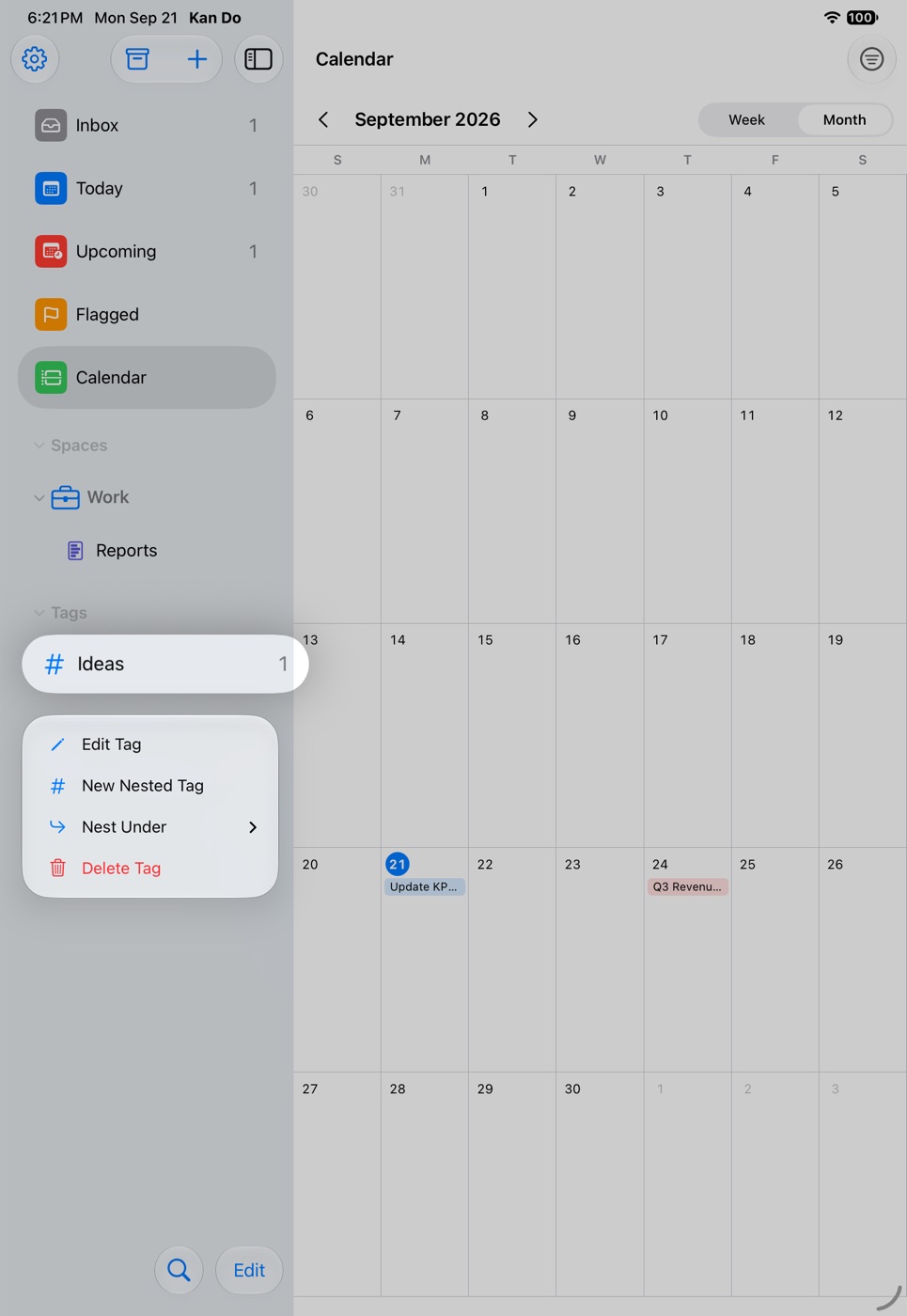 A tag's context menu with Edit Tag, New Nested Tag, Nest Under, and Delete Tag