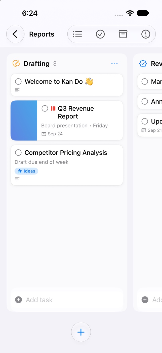 A board on iPhone with Drafting and Review columns and the New Task button in the bottom bar