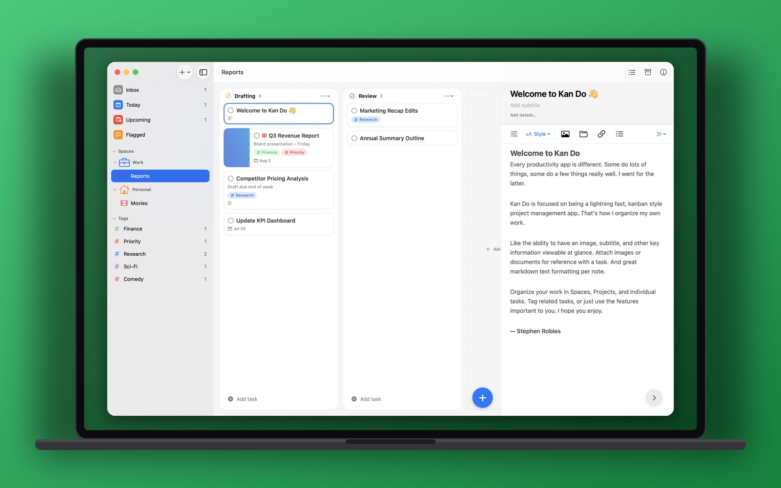 Kan Do on a MacBook showing a board with Drafting and Review columns, a task open beside it, and the sidebar with Inbox, Today, Upcoming, Spaces, and Tags