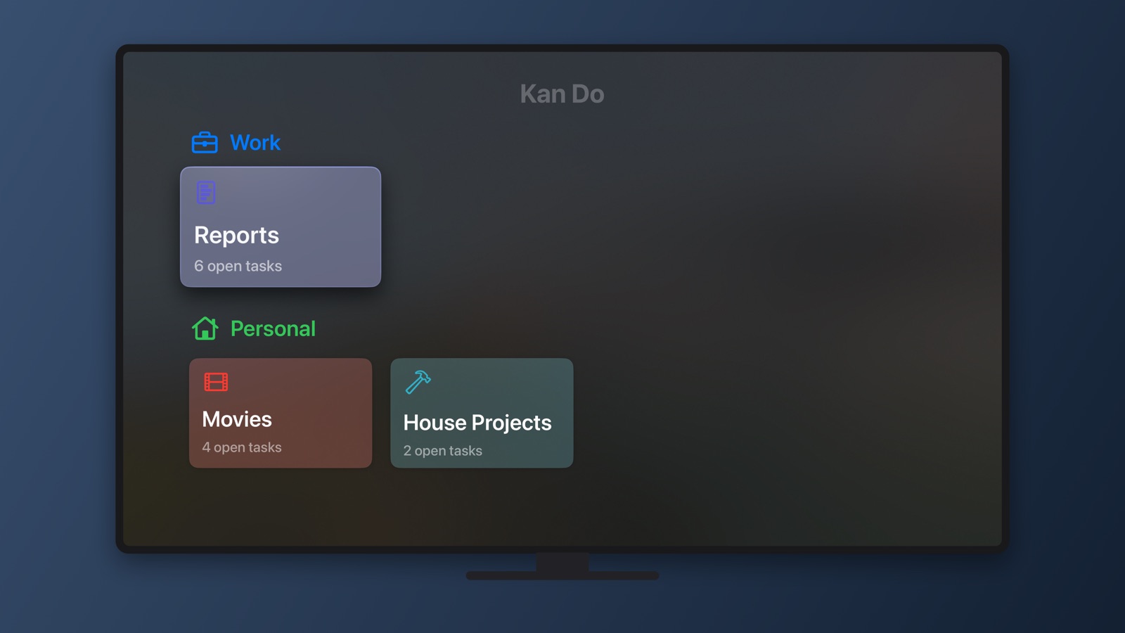 Kan Do on Apple TV showing project shelves